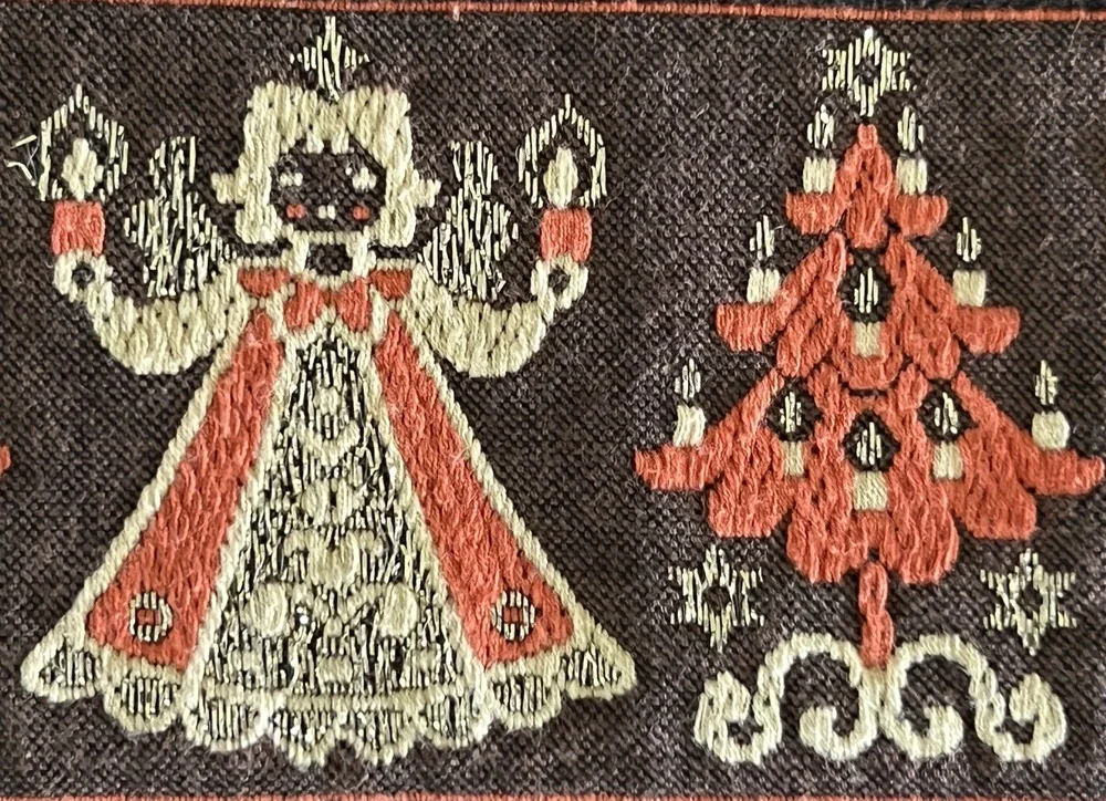 KOLF Austria FOLK ART Christmas Angel & Tree Brown Jacquard Tablecloth Vintage